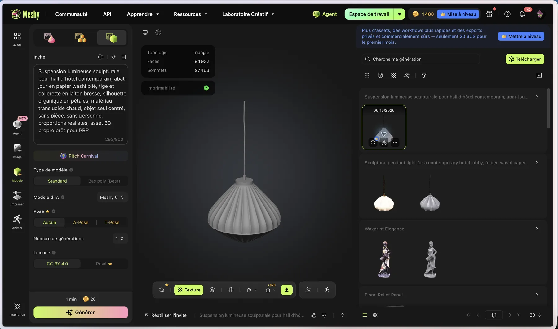 Modèle 3D brut généré par Meshy avant l'étape de texture