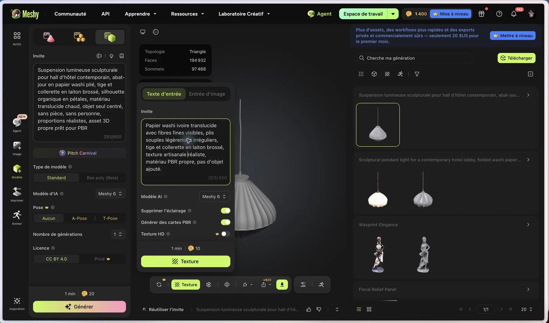 Paramètres de texturing dans Meshy avec description de matériaux PBR