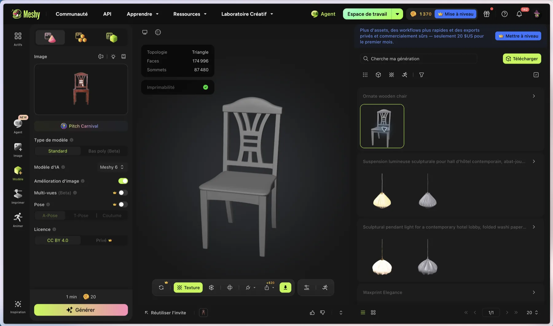 Résultat image-to-3D dans Meshy à partir d'une image de chaise détourée