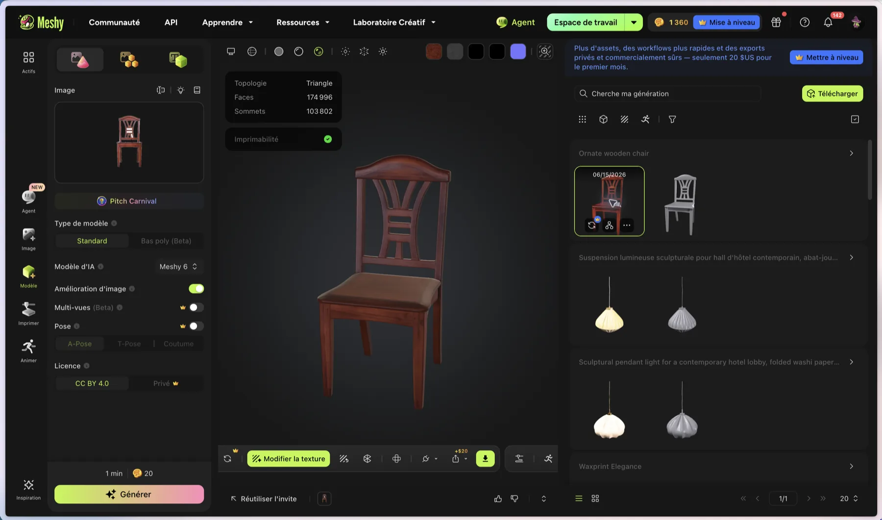 Chaise texturée dans Meshy après génération de texture depuis l'image de référence