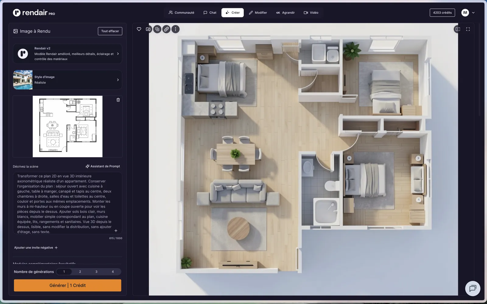 Premier résultat Rendair v2 depuis un plan 2D d'appartement