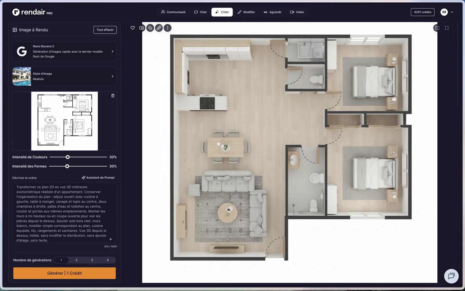 Résultat Nano Banana 2 dans Rendair depuis un plan 2D d'appartement